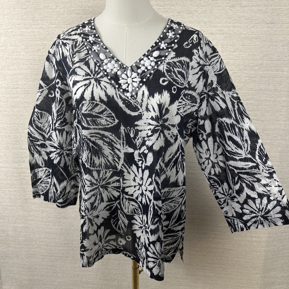 Samantha Grey 100% Cotton Tropical Blouse Black White Beaded Resort Tunic Top 14